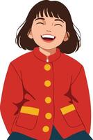 Happy girl laughing in red jacket with yellow buttons illustration portrait vector