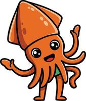 Cute orange squid cartoon character waving happy friendly underwater animal illustration vector