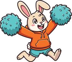 Cheerful bunny cheerleader jumping with blue pom poms in orange hoodie and shorts illustration vector