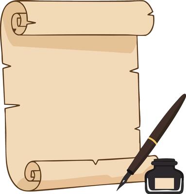 Vintage style parchment scroll with ink bottle and quill pen illustration for writing and creativity concepts