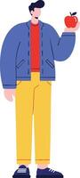 Man holding red apple wearing blue jacket and yellow pants illustration vector