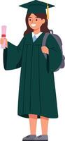 Female graduate student holding diploma in green academic gown and cap with backpack celebrating achievement illustration vector