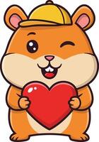 Cute cartoon hamster holding red heart wearing yellow cap illustration for love and affection designs vector