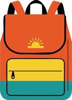 Colorful orange yellow and teal backpack with sun emblem illustration in flat style vector