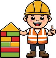 Construction worker wearing safety helmet and vest showing thumbs up with colorful brick wall illustration vector