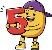 Cartoon character holding red number five celebrating birthday or anniversary event illustration vector