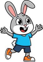 Happy running cartoon rabbit wearing blue shirt and orange sneakers playful character design vector