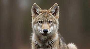 A wolf is sitting on the ground looking at the camera photo