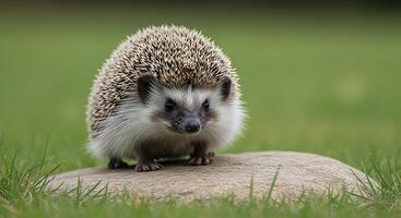 A hedgehog is standing on a rock in the grass photo