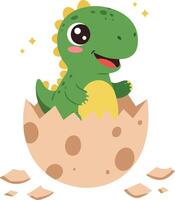Cute green baby dinosaur hatching from spotted egg cartoon illustration smiling joyful vector