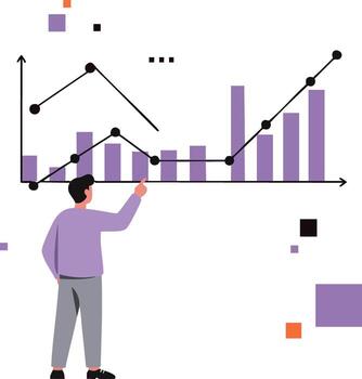 Businessman analyzing purple bar chart and line graph data in modern style illustration vector