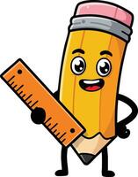 Happy yellow pencil character holding orange ruler smiling friendly illustration cute stationery drawing vector