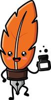 Orange feather pen character holding ink bottle cute writing tool illustration vector