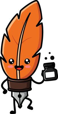 Orange feather pen character holding ink bottle cute writing tool illustration