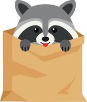 Cute raccoon peeking out of brown paper bag illustration in playful style for children and nature designs vector