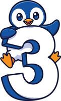 Penguin cartoon holding number three illustration with blue and orange colors for kids and education design vector