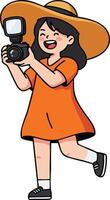 Girl in orange dress and wide hat holding camera with flash taking photo illustration cheerful smiling child photography hobby vector