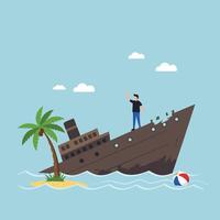 Shipwrecked man standing on rusted sunken ship near small island with palm tree and beach ball illustration vector