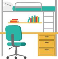 Loft bed with study desk and ergonomic chair in modern student room design for efficient workspace and organization vector
