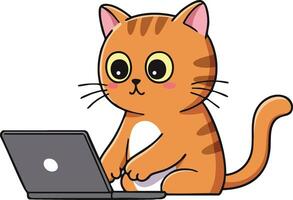 Cute orange tabby cat sitting and typing on laptop computer cartoon illustration design vector