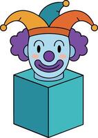 Jester clown bust with colorful hat and purple hair illustration in playful style vector