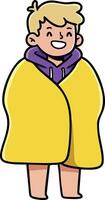 Child wrapped in yellow blanket feeling cozy and warm indoor illustration design vector