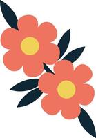 Coral color simple flower with yellow center and dark leaves illustration for design and decoration purposes vector