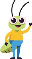 Cartoon green grasshopper character waving hand in yellow shirt and blue pants illustration vector