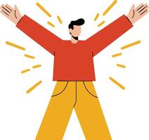 Man with arms raised wearing red shirt and yellow pants illustration with energetic expression vector