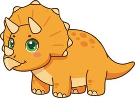 Cute orange triceratops dinosaur cartoon character with green eyes illustration for kids and education material vector