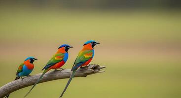 Three colorful birds sitting on a branch photo
