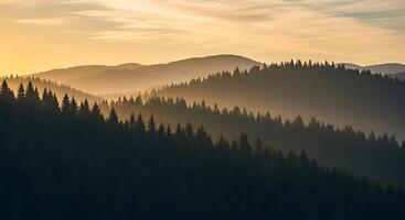 A mountain range with trees and the sun setting photo