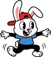 Cartoon white rabbit character wearing red cap and blue shirt running happily in playful pose illustration vector