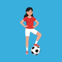 Girl soccer player in red shirt and white shorts standing with foot on ball on blue background illustration vector