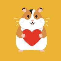 Cute hamster holding red heart symbol of love and affection illustration on yellow background vector