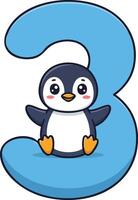 Cute penguin sitting inside blue number three cartoon style illustration for kids learning and education materials vector