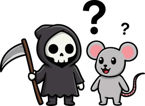 severo segador personaje con guadaña y confuso ratón con pregunta marcas ilustración dibujos animados estilo vector