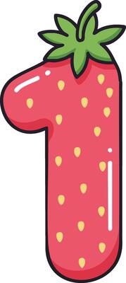 Strawberry shaped number one illustration with green leaves and red seeds design