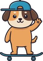 Cute dog skateboarding wearing blue cap and waving paw in cartoon style illustration vector
