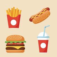 Fast food meal with french fries hamburger hot dog and drink illustration set vector