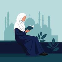 Muslim woman reading book near mosque silhouette in calm evening setting illustration vector