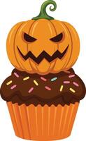 Halloween pumpkin cupcake with chocolate frosting and colorful sprinkles spooky dessert illustration graphic vector