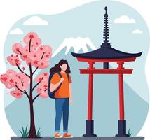 Woman standing near red torii gate and pink cherry blossom tree with snowy mountain background illustration vector