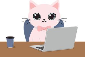 Cute pink cat sitting at desk working on laptop with coffee cup illustration vector