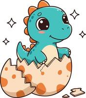 Cute baby dinosaur hatching from spotted eggshell with sparkling stars around cartoon illustration vector
