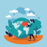 Woman Holding Red Heart Near Globe and Green Plants in Environmental Awareness Concept Illustration vector
