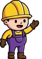 Child construction worker cartoon character waving hand in purple overalls and yellow safety helmet illustration vector