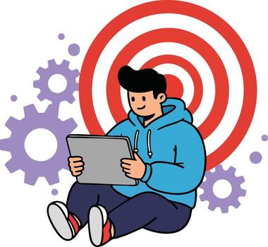 joven hombre utilizando ordenador portátil sentado en frente de rojo objetivo icono con púrpura engranajes alrededor en tecnología concepto ilustración vector