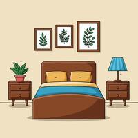 Bedroom interior with wooden bed, bedside tables, blue lamp, green plants, and framed leaf artwork in cozy home setting vector