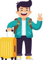 Young man traveler with yellow suitcase making peace sign happy journey illustration vector